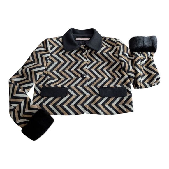 Red Valentino Mink Fur Accents Wool Blend Chevron Crop Jacket/Blazer L/Us10/It46 - Picture 15 of 16